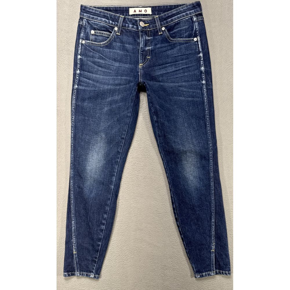 AMO Twist Jeans Womens 28x27 True Blue Distressed Faded Whiskers Dark Wash Denim